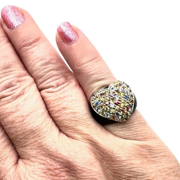 Sterling Silver Womens Ring Multicolor Tourmaline Heart Black Enamel Size 6 - Picture 3 of 8